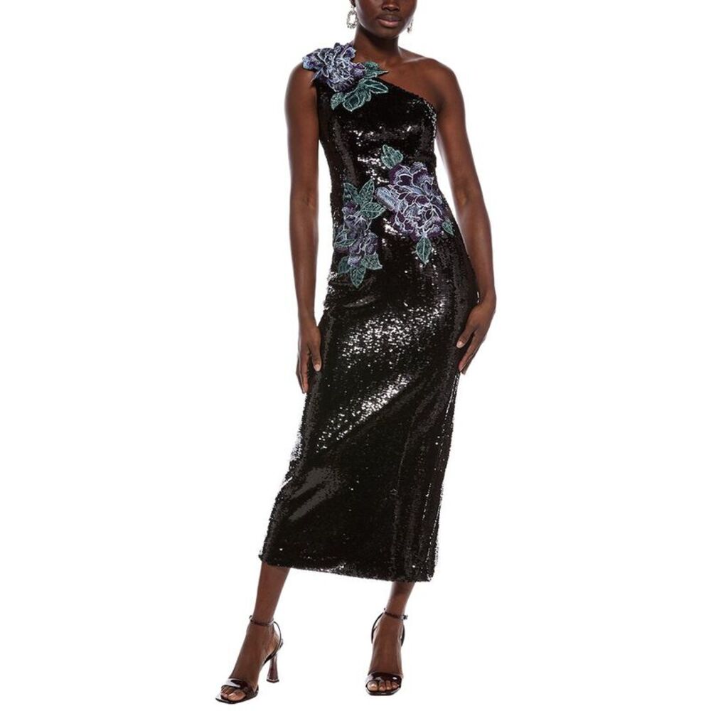 Rene Ruiz Womens  One-Shoulder Dimensional Floral Applique Midi Dress, Purple